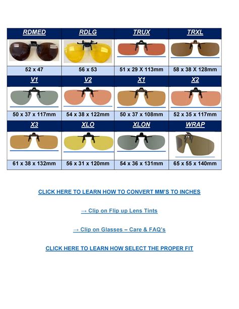 clip-on sunglasses size chart
